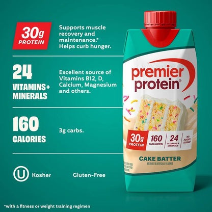 Premier Protein Nutritional Shake Cake Batter Non-Caffeinated - 11 fl oz/4pk: Keto Certified, Ready to Drink, Gluten-Free, 30g Protein