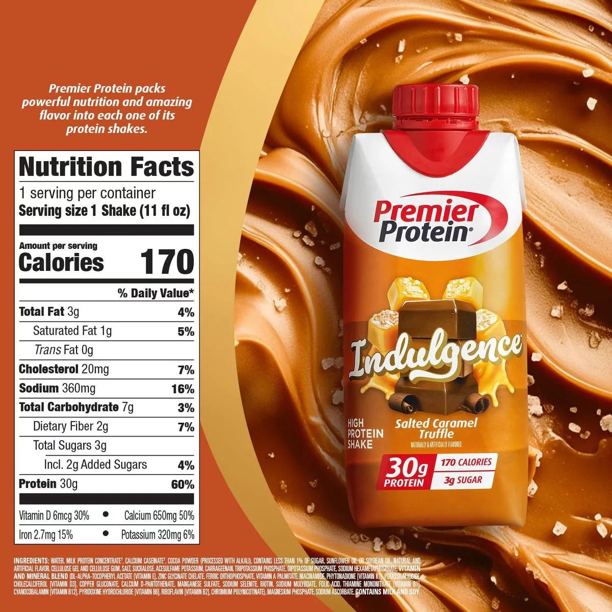 Premier Protein Indulgence 30g Protein Shake Salted Caramel Non-Caffeinated - 11oz/4pk: Keto Certified, Gluten-Free, Milk Protein