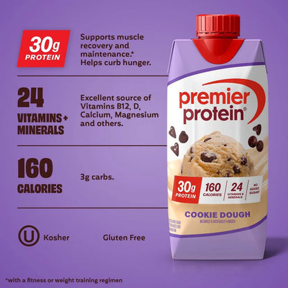 Premier Protein 30g Protein Shake Cookie Dough Non-Caffeinated - 44 fl oz/4pk: Keto Certified, Gluten-Free, Ready to Drink, Milk Protein