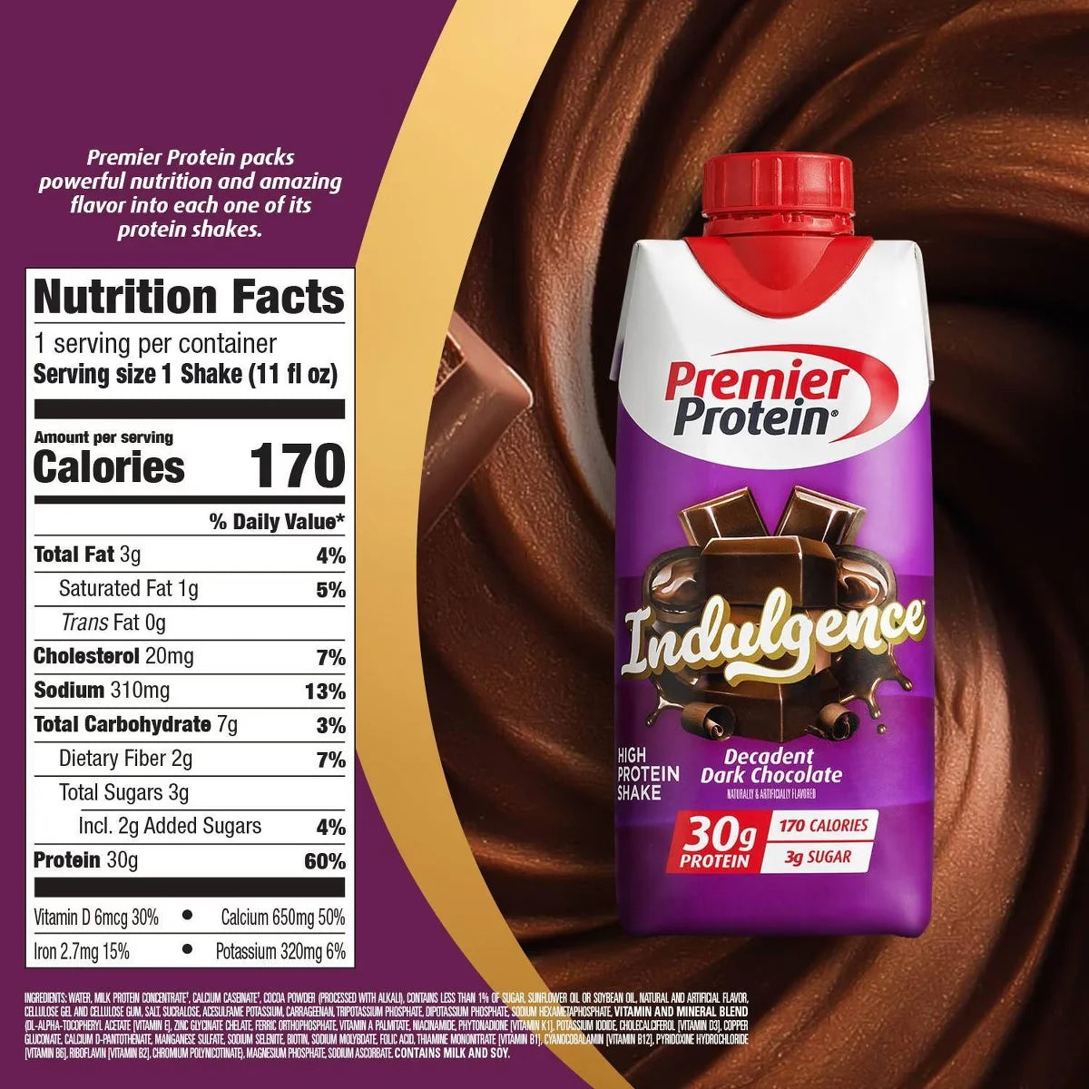 Premier Protein Indulgence 30g Protein Shake Decadent Chocolate Non-Caffeinated - 11oz/4pk