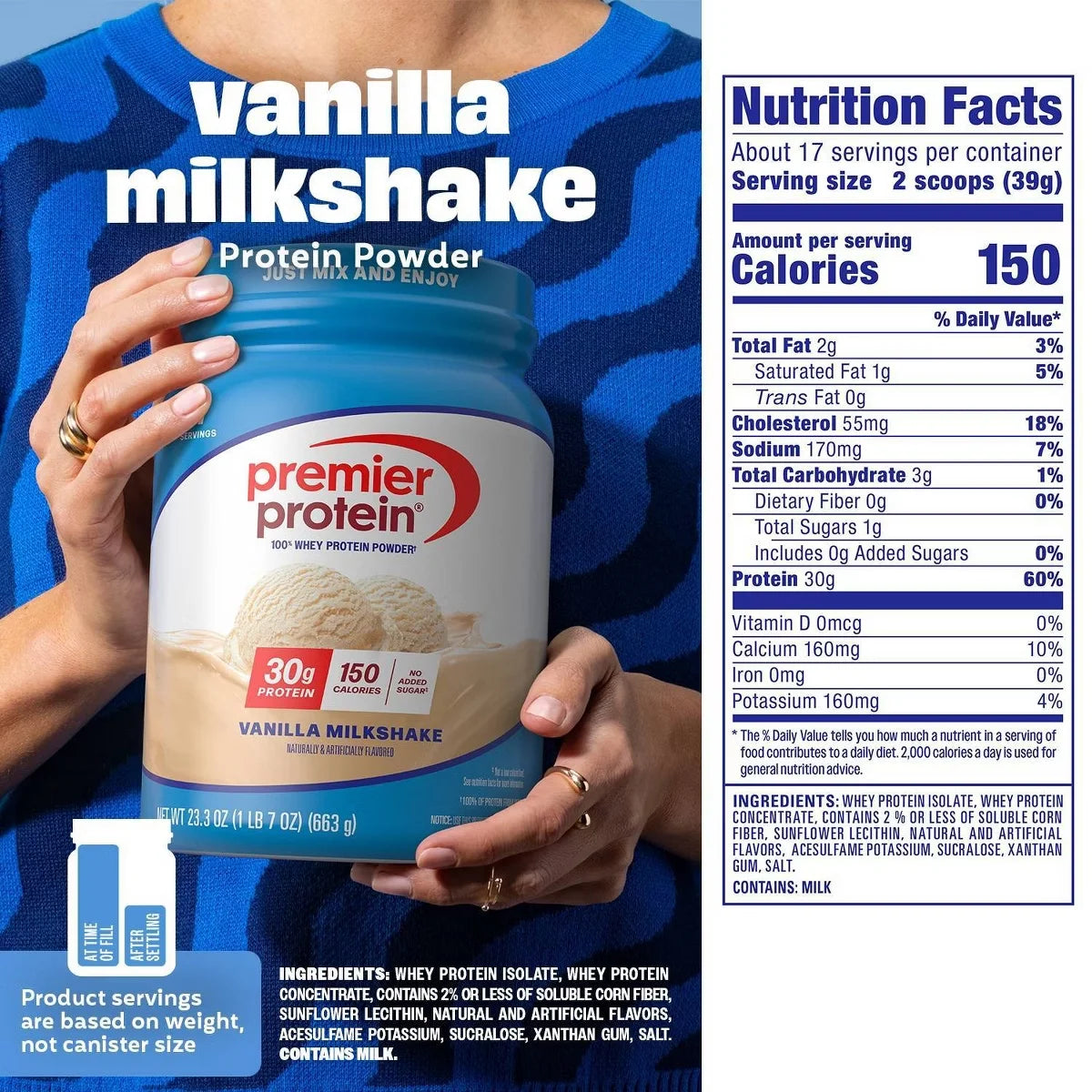 Premier Protein 100% Whey Protein Powder - Vanilla Milkshake - 17 Serve