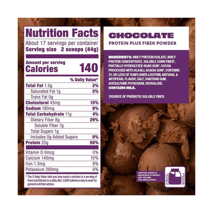 Premier Protein Plus Fiber Powder - Chocolate - Whey Protein - 26.4oz/17 Servings